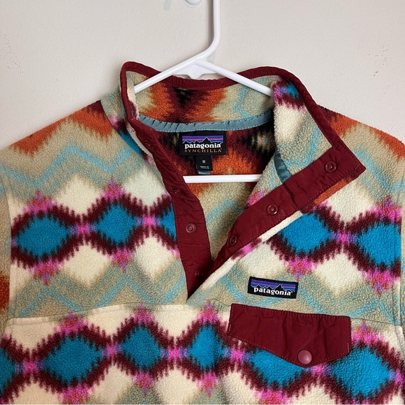 Patagonia Women’s Synchilla Snap T Pullover Timber Twist Red Aztec Size Medium - Picture 4 of 7